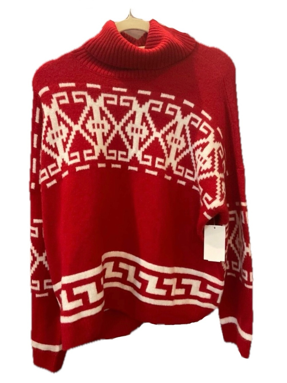 CeCe Fair Isle Turtleneck Sweater | Red & White | Size XL | NWT | Holiday